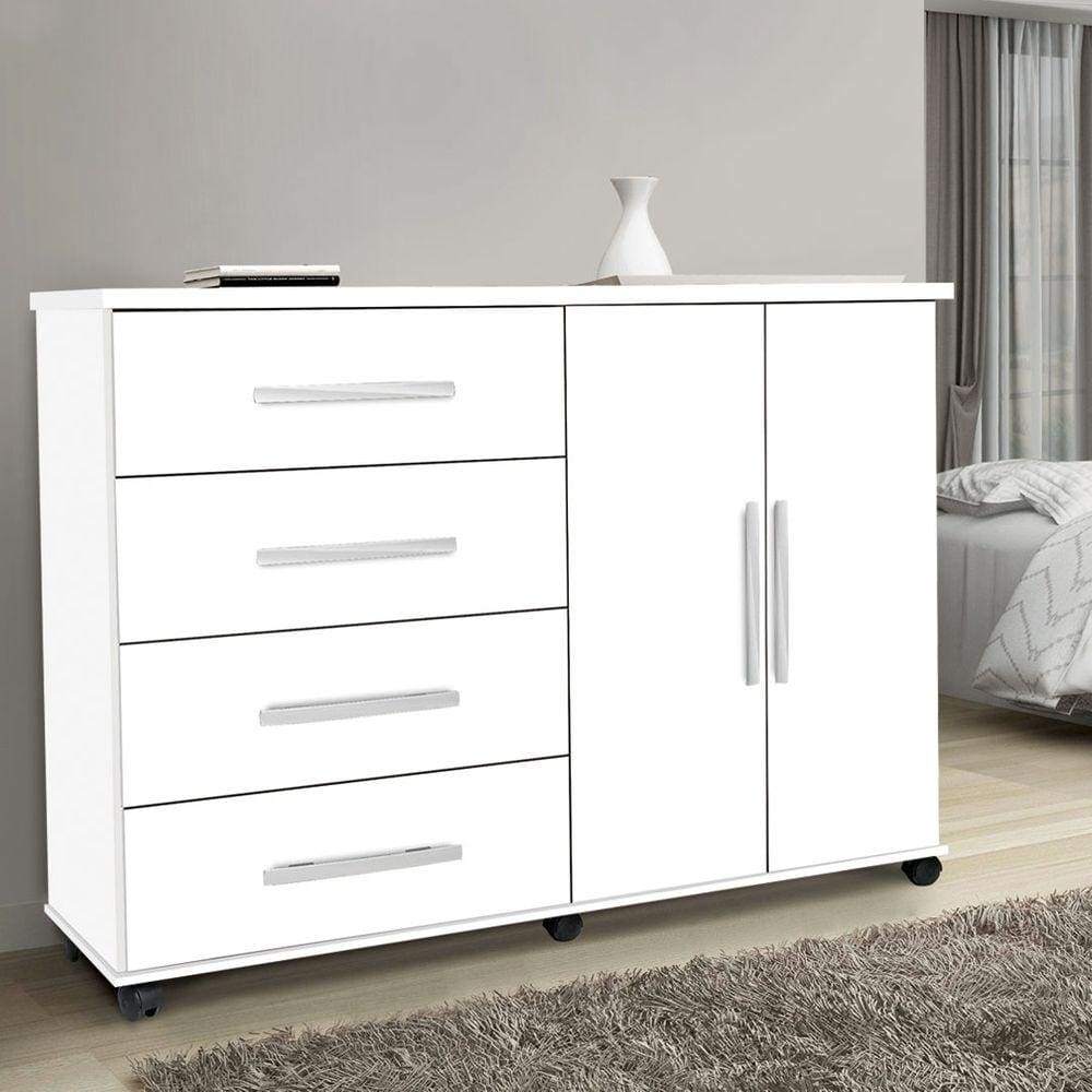 Cômoda 4 Gavetas 2 Portas Móveis Primus Bali Branco Brilho
