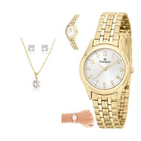 Relogio Champion Feminino Pequeno Dourado Com Numeros Ch25972h + Kit Semi Joia
