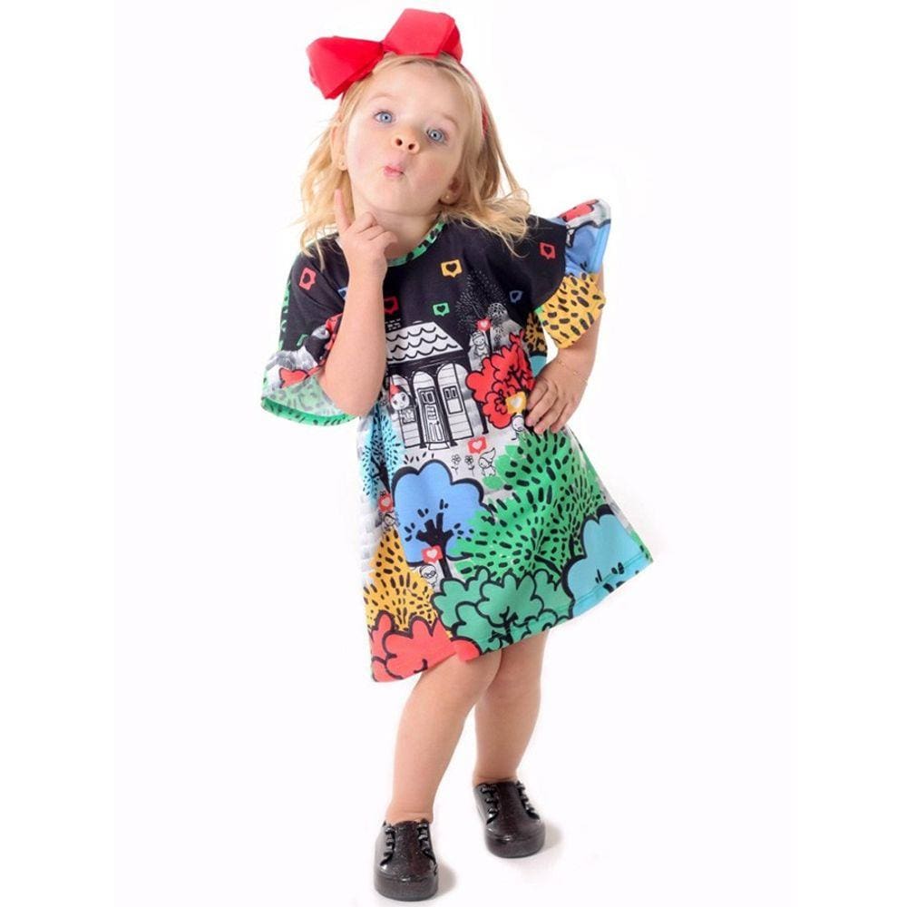 Vestido Infantil com Tiara Laço Casinha na Floresta Preto Saia de Filó
