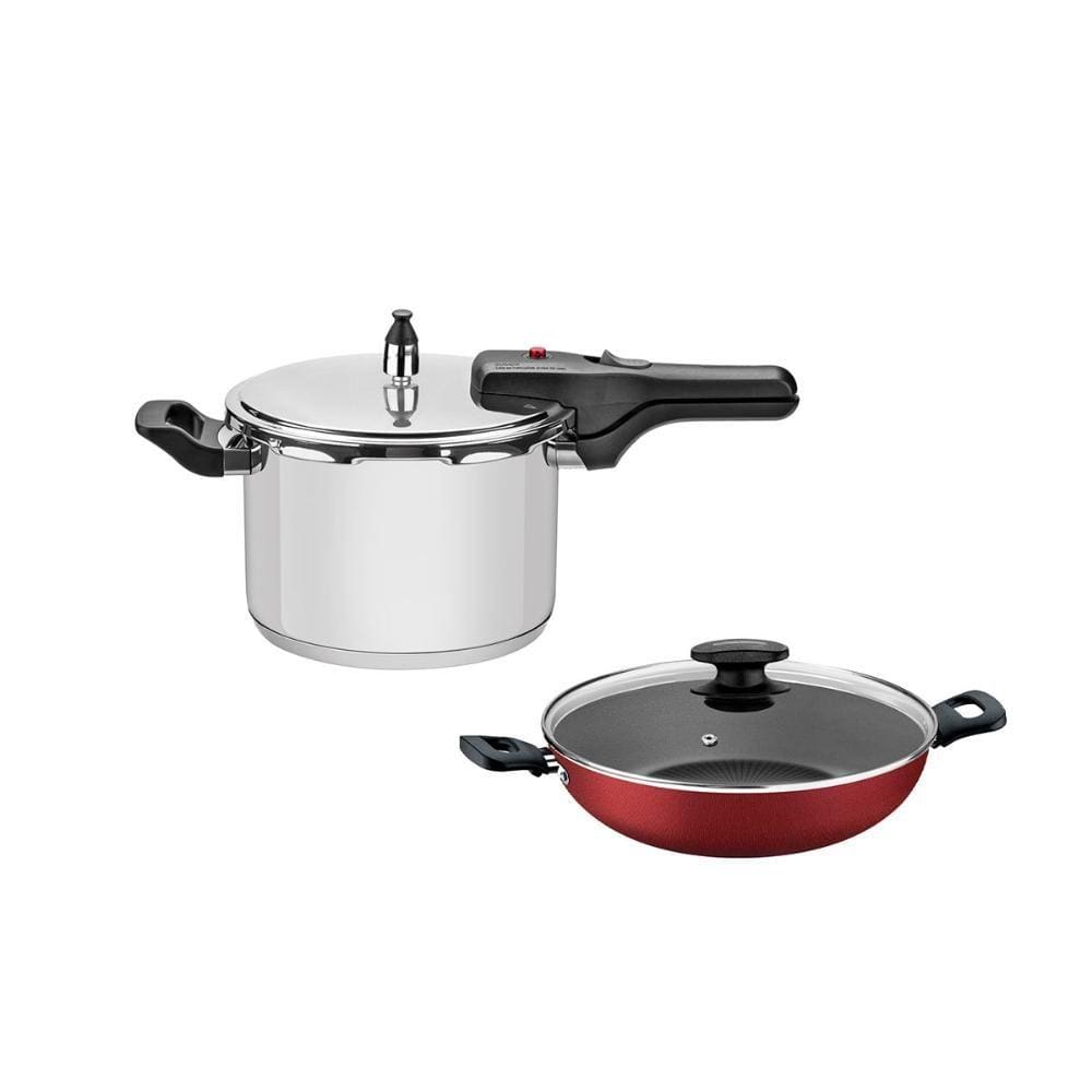 KIT - Panela de pressão inox 4,5l Brava + Panela Wok Alumínio Loreto 28cm Vermelha - Tramontina