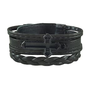 Pulseira Preta  Cruz Couro
