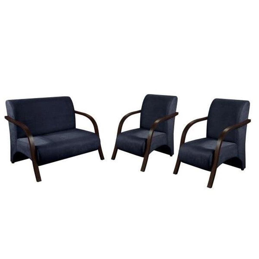 Conjunto Poltrona Decorativa Sevilha Braço Madeira kit 3 peças Confortável Sala Suede Azul Marinho