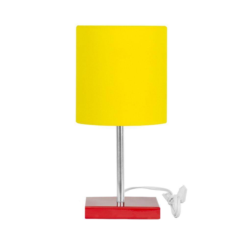 Abajur Eros Touch Cilindrico Amarelo Base Vermelho Quadrada