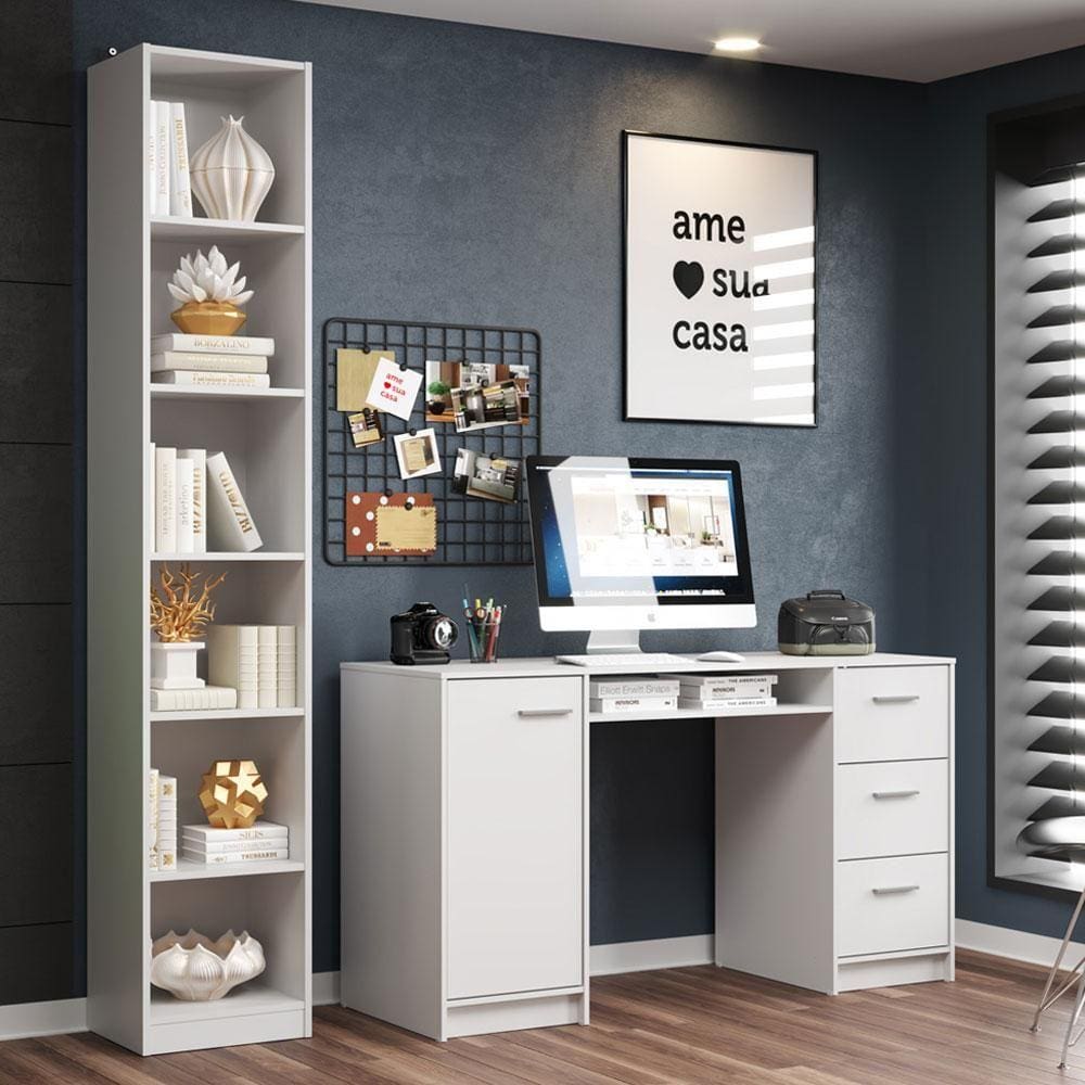 Escrivaninha Madesa Alaska + Estante Livreiro 6906 - Branco