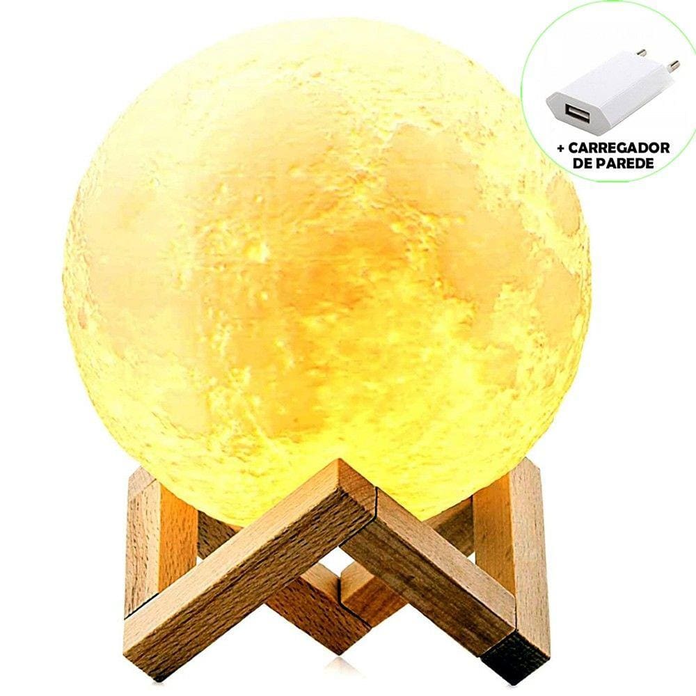 Luminária Abajur LED Lua Cheia 3D USB RGB Suporte de Madeira + Fonte CBRN14644