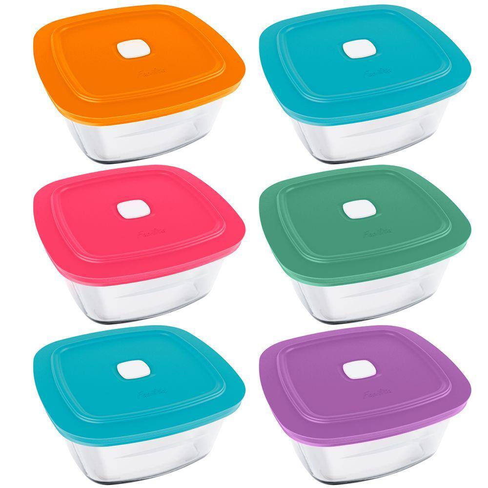 Kit 6 Tigelas Quadradas De Vidro 2L Marinex Facilita Potes Com Tampas Plásticas Cores Sortidas