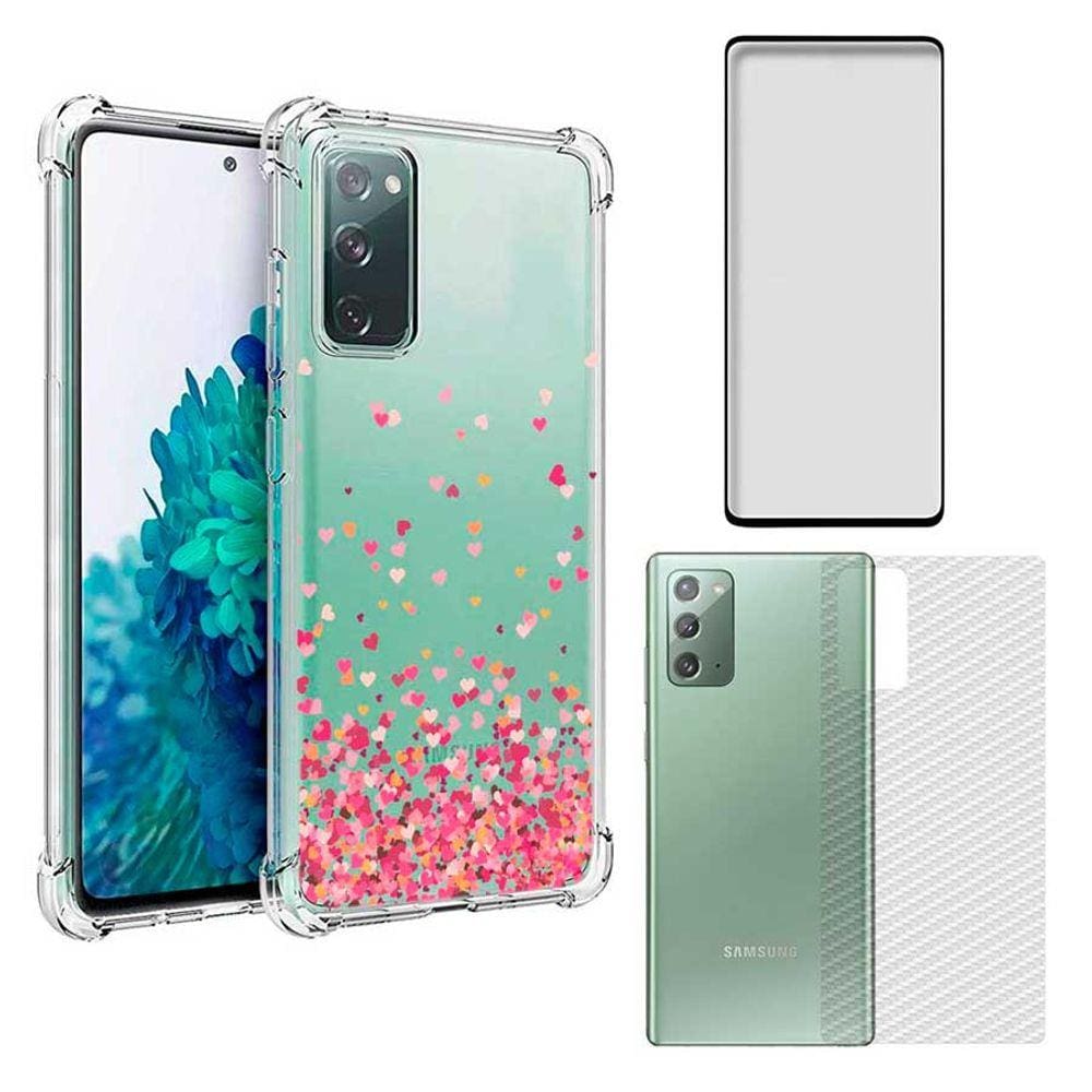 Capa Anti Shock Corações Galaxy S20 Fe + Película Vidro 3D + Película Fibra Carbono Traseira