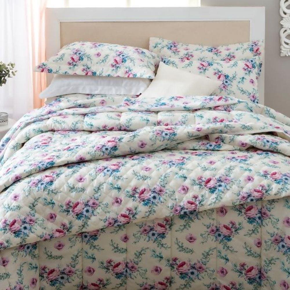 Jogo De Cama Casal 4 Peças 140 Fios Realce Premium Alana Florido Bege E Azul