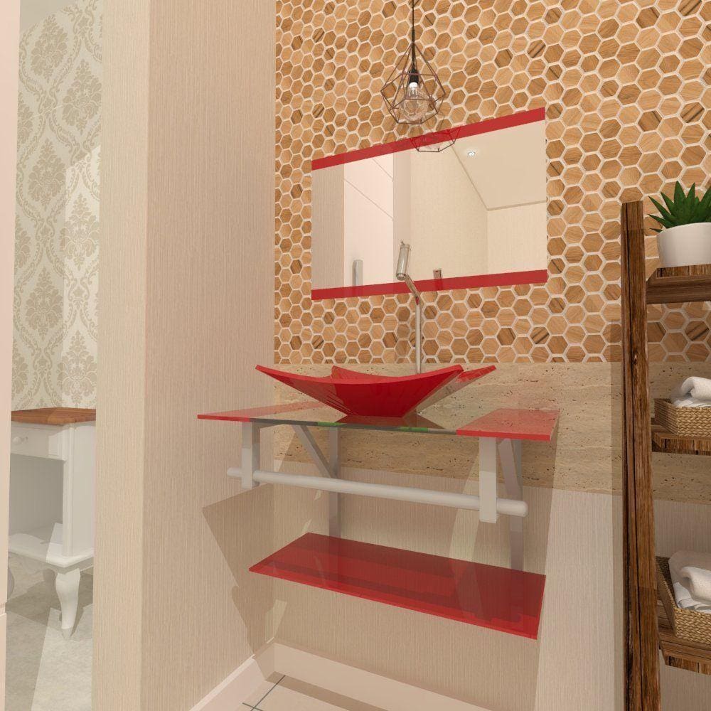 Combo 2em1 Gabinete com Cuba Retangular + Torneira Vermelho