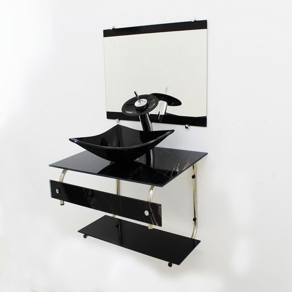 Gabinete de Vidro 60cm Inox com Cuba Quadrada Mármore Preto