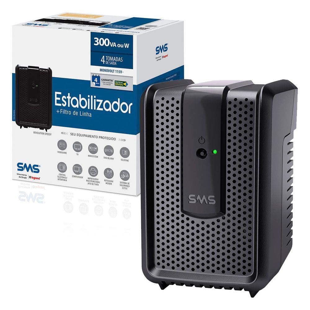 Estabilizador SMS Revolution Speedy 300VA, Entrada 115/127V, Saída 115V, 4 Tomadas - 16520