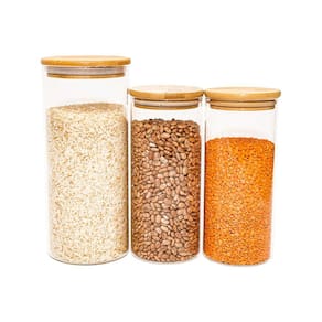 Potes De Vidro P/ Mantimentos C/ Tampa Bambu Oikos - 3 Pçs
