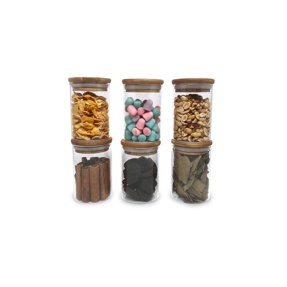 Kit 6 Potes De Vidro P/ Mantimentos 250ml c/ Tampa Bambu
