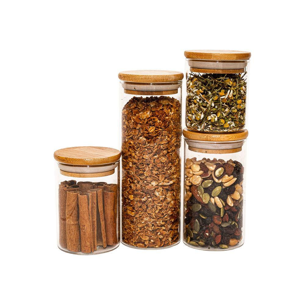 Potes De Vidro P/ Mantimentos C/ Tampa Bambu Oikos - 4 Pçs