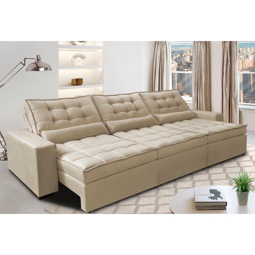 Sofá Retrátil e Reclinável 3,82m com Molas Ensacadas Cama Inbox Gold Tecido Suede Velusoft