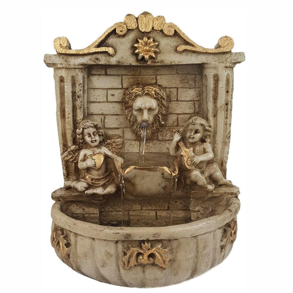 Fonte De Água Leão Com Anjos Pequena Resina Decoração