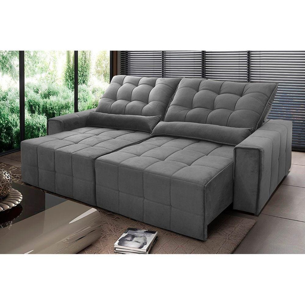 Sofá Retrátil Reclinável Alaska 2,30m Suede Velut Cinza c/ Molas no Assento - King House