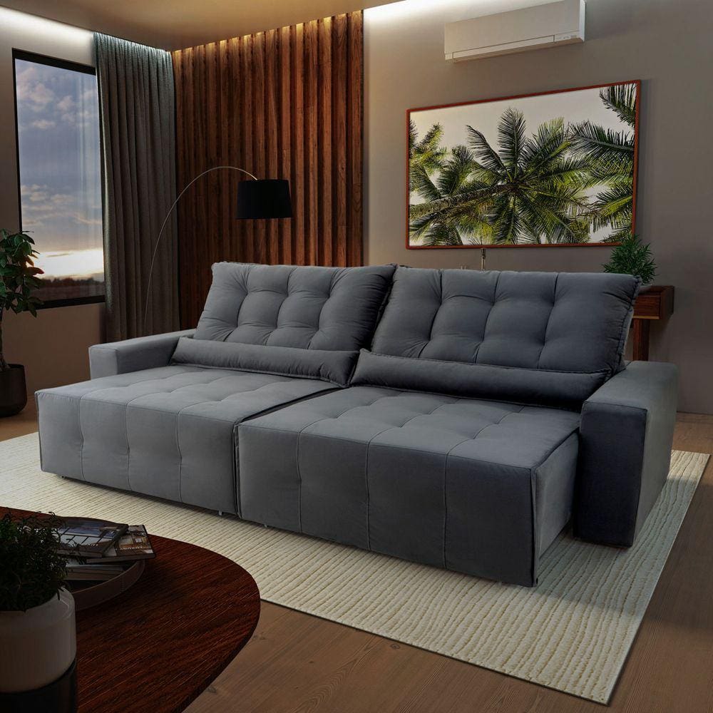 Sofá Retrátil Reclinável Montebello 2,10m Suede Velut Cinza c/ Molas no Assento - King House