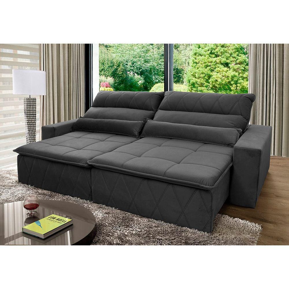 Sofá Retrátil Reclinável Amsterdam 2,50m Suede Velut Cinza c/ Molas no Assento - King House