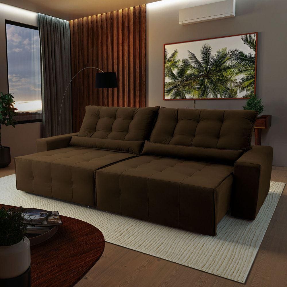 Sofá Retrátil Reclinável Montebello 2,10m Suede Velut Marrom c/ Molas no Assento - King House