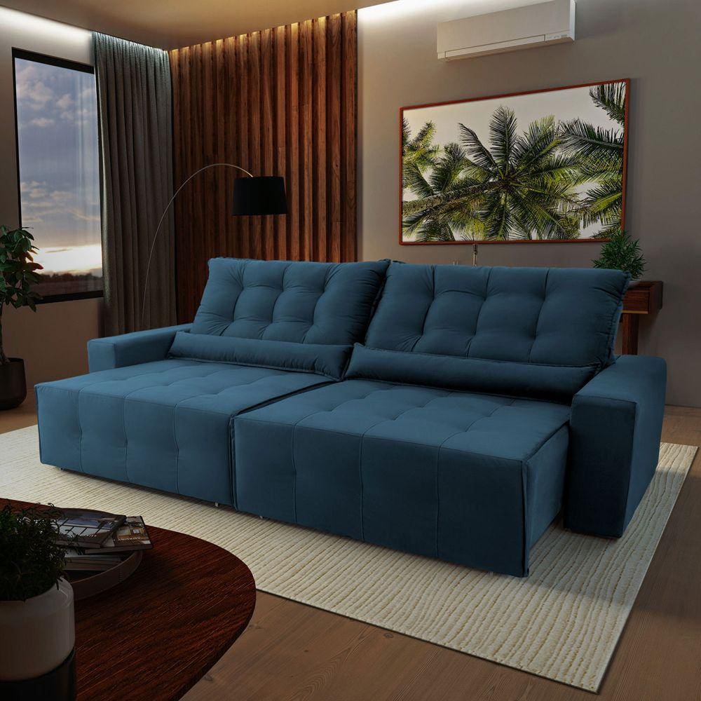 Sofá Retrátil Reclinável Montebello 2,10m Suede Velut Azul Marinho c/ Molas no Assento - King House