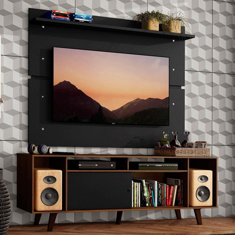 Rack Madesa Cancun com Pés e Painel para TV até 65 Polegadas - Rustic/Preto 7KD8
