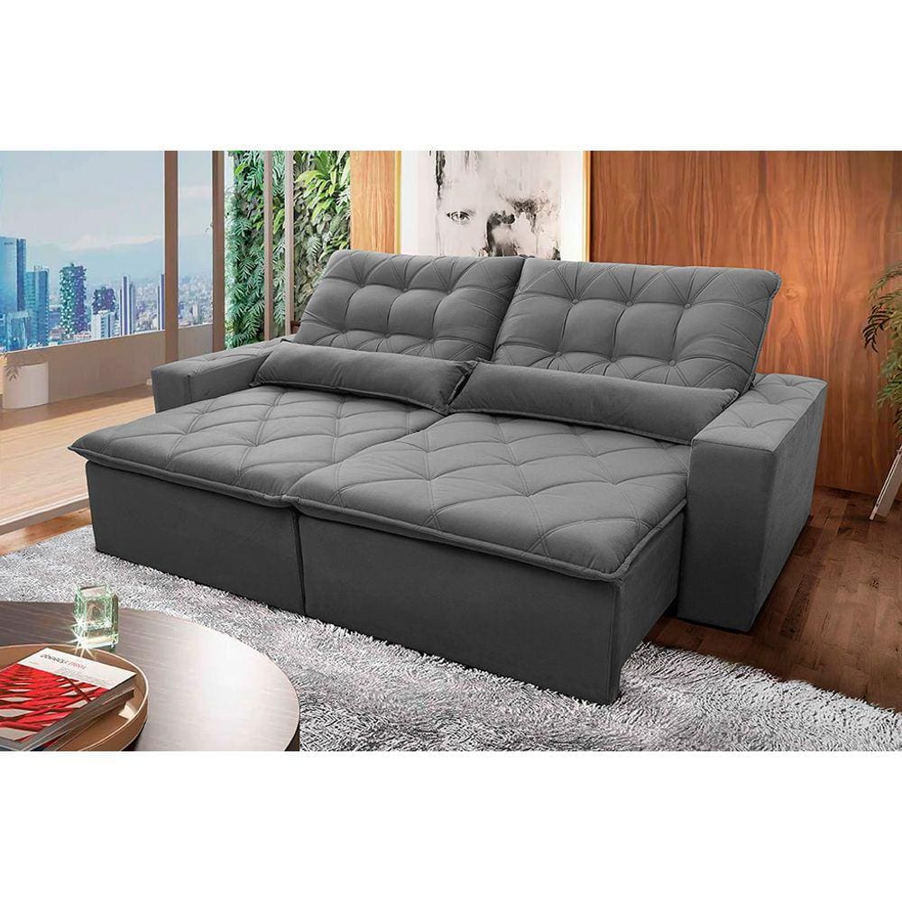 Sofá Retrátil Reclinável Islândia 2,50m Suede Velut Cinza c/ Molas no Assento - King House