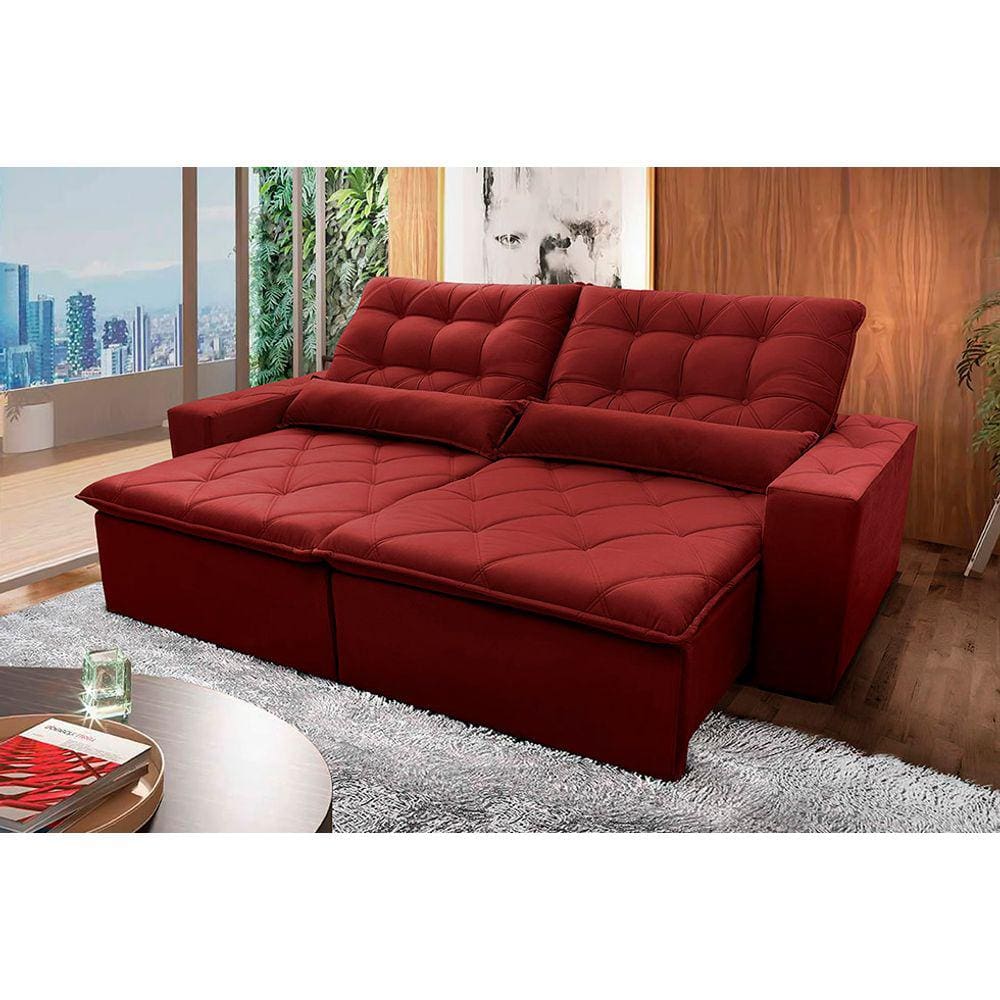 Sofá Retrátil Reclinável Islândia 3,00m Suede Velut Vermelho c/ Molas no Assento - King House