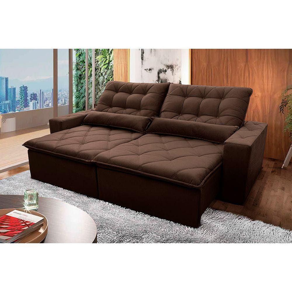 Sofá Retrátil Reclinável Islândia 2,70m Suede Velut Marrom c/ Molas no Assento - King House