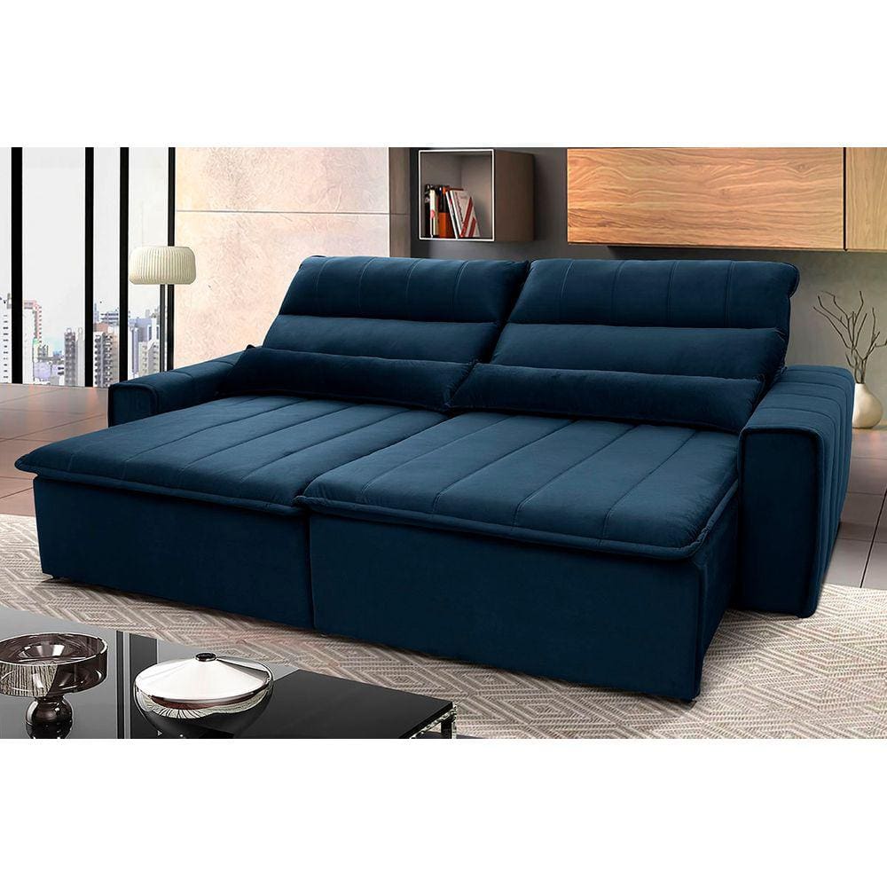 Sofá Retrátil Reclinável Patagônia 2,30m Suede Velut Azul Marinho c/ Molas no Assento - King House