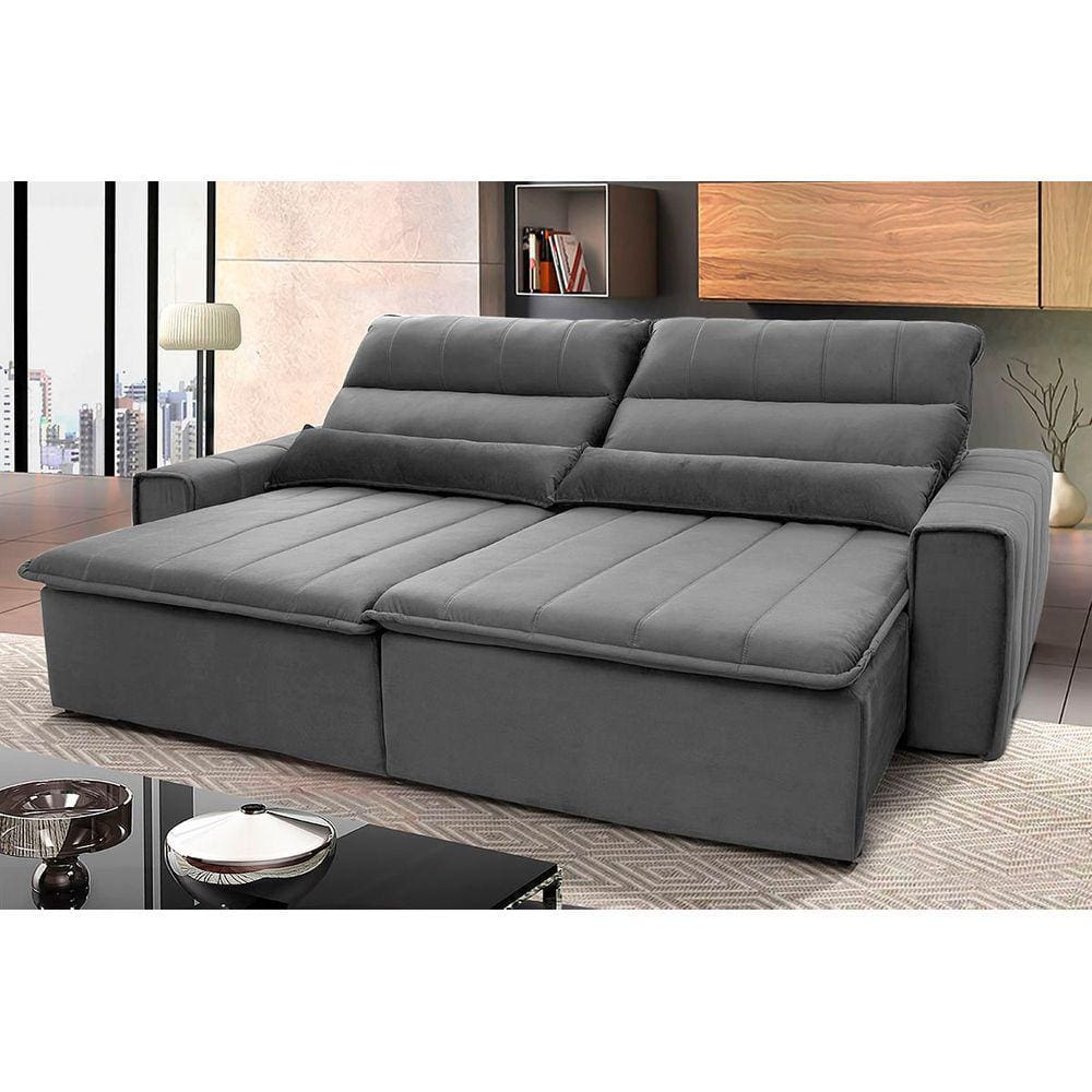 Sofá Retrátil Reclinável Patagônia 2,10m Suede Velut Cinza c/ Molas no Assento - King House