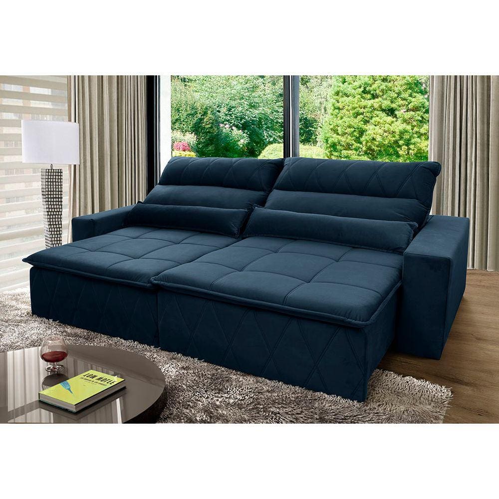 Sofá Retrátil Reclinável Amsterdam 2,10m Suede Velut Azul Marinho c/ Molas no Assento - King House