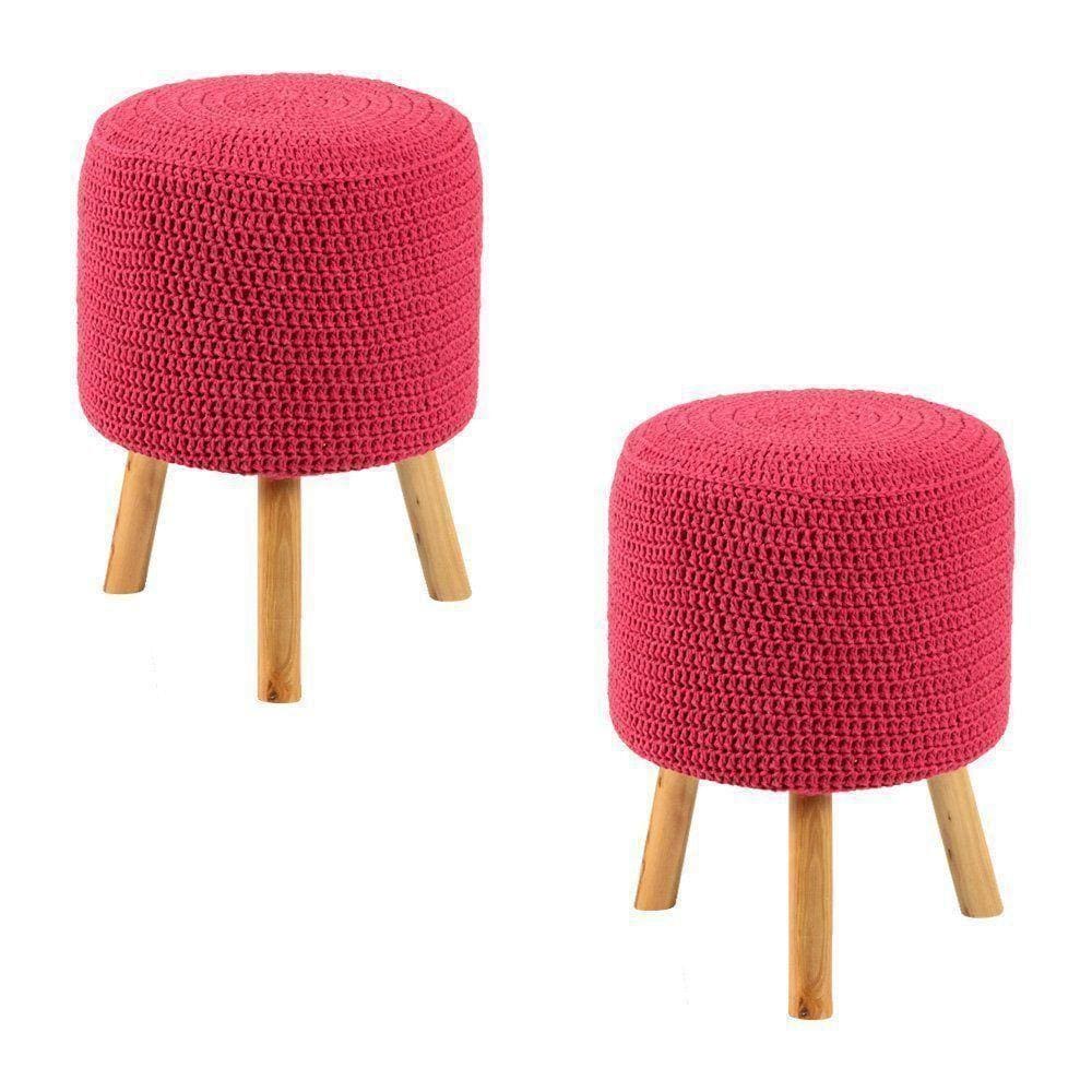 2 Puffs Banquetas Round Crochê Rosa Stay Puff