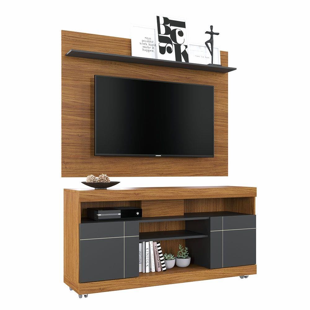 Conjunto Rack Yara e Painel Maia Para TV 47" 02 Portas Noce Milano/Preto Fosco Colibri Móveis