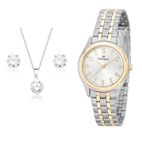 Relogio Champion Feminino Pequeno Misto Ch25972b + Kit Semi Joia