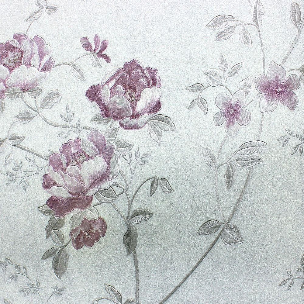Papel de Parede Lavável Floral Cinza Azulado, Lilás e Prata (Brilho e Leve Relevo) + Cola Para Aplicação - Dolce Vita| 94485