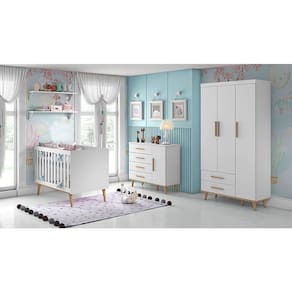 Kit Quarto Infantil Ludmila Branco - Berço + Cômoda com Porta + Guarda-Roupa