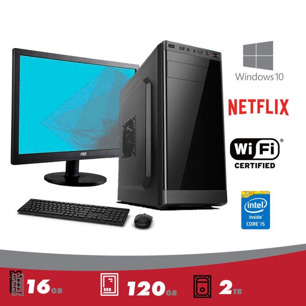 CPU + Monitor 15,4" + Mouse e Teclado 5Tech Intel Core I5, 16GB, SSD 120gb + HD 2 TB, Hdmi FullHD, Windows 10 Pro