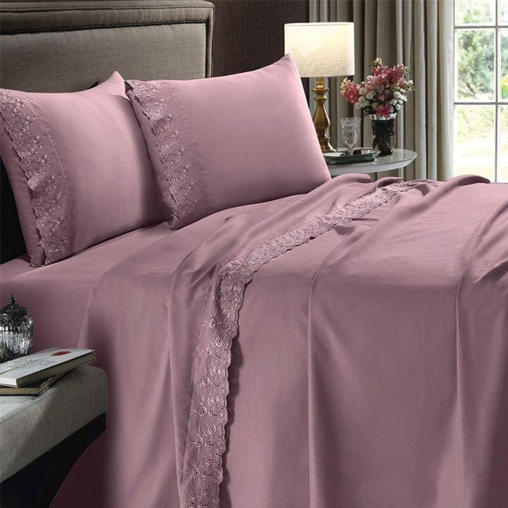Jogo de Cama Buettner Queen 4 peças Microfibra Sonata com Aplicação de Renda Rosa