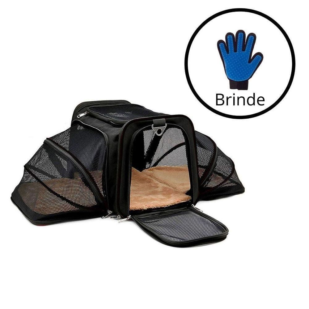 Bolsa Pet Transporte Expansível Preto+ Par Luva Tira Pelos