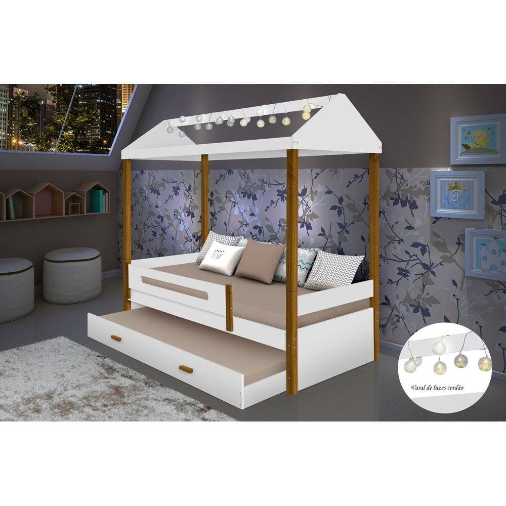Cama Casa Sara Branco/Mel com Cordão de Luzes LED e Cama Auxiliar