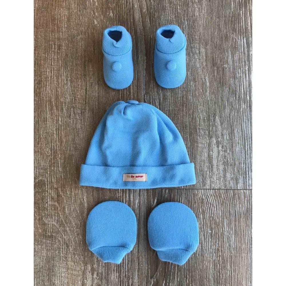 Kit Sapatinho + Luva + Touca de Tricot Azul Bebê Fio de Amor Baby