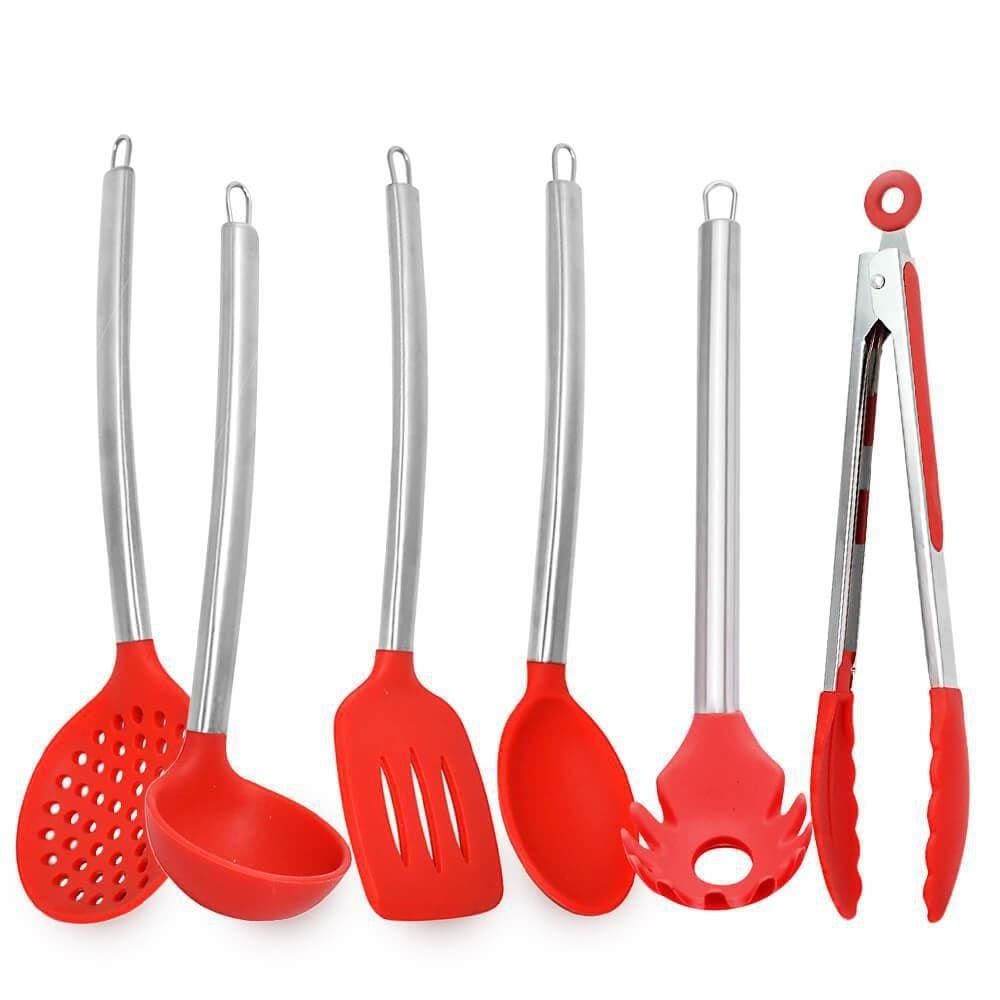 Kit Utensílios De Cozinha De Silicone Vermelho Cabo Inox K4C