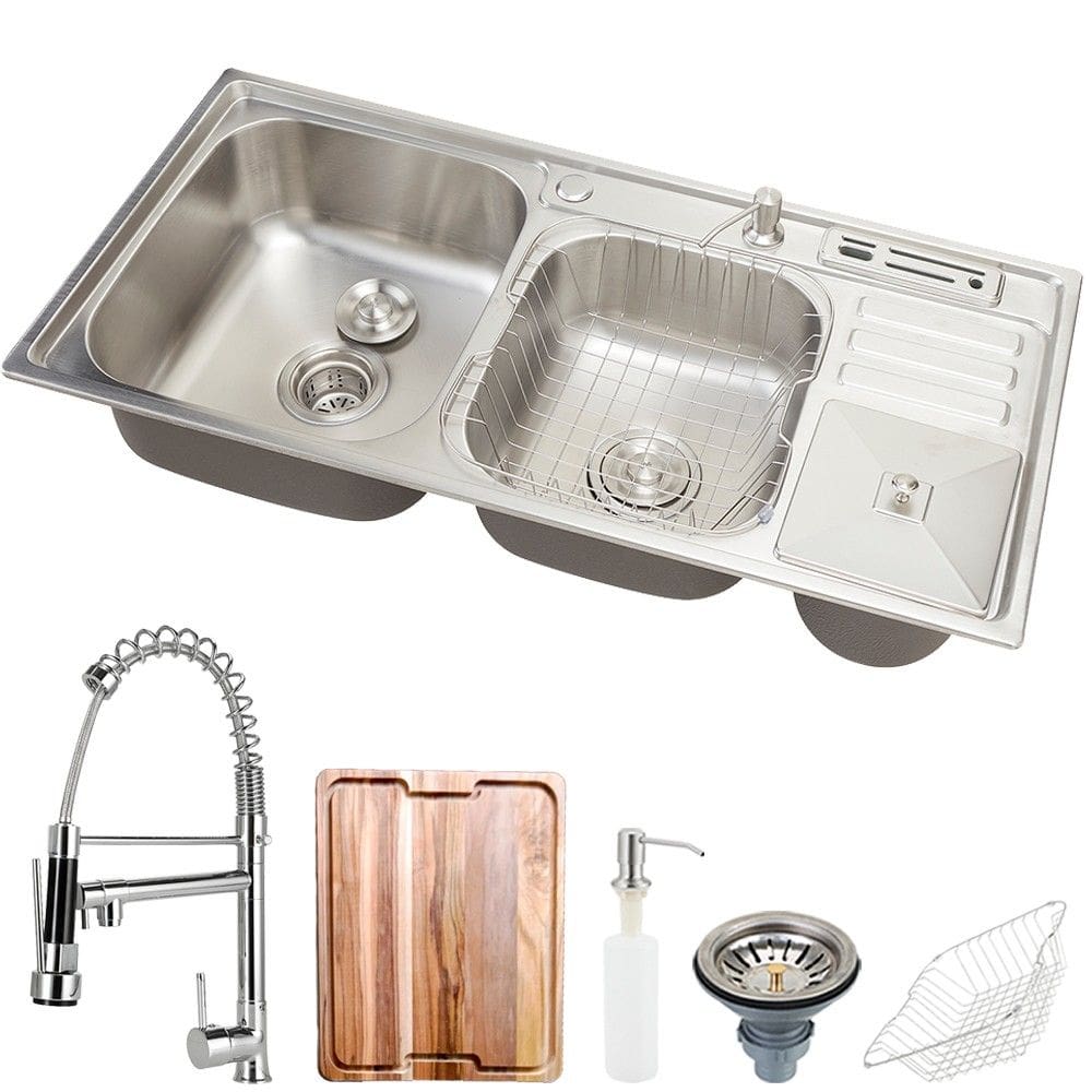 Cuba para Cozinha Gourmet Pia Aço Inox com Acessórios e Tábua de Corte  Carajás Preta e Torneira Monocomando Envira Preta