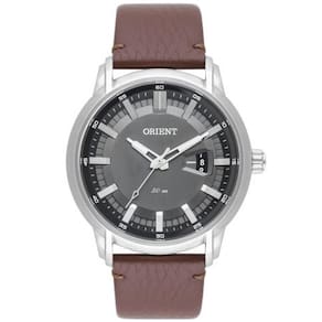 Relógio Orient analógico prata com pulseira de couro MBSC1039