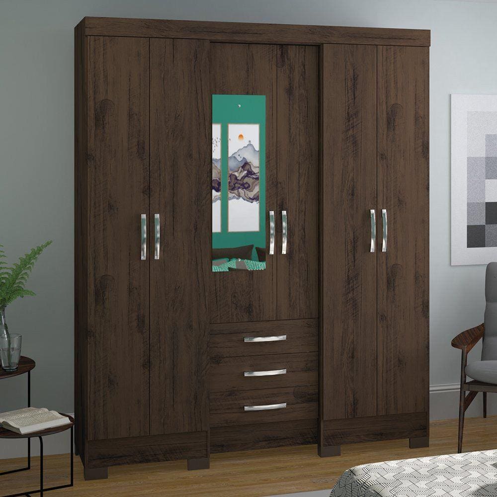 Guarda Roupa Casal com Espelho 6 Portas 3 Gavetas B23 Briz
