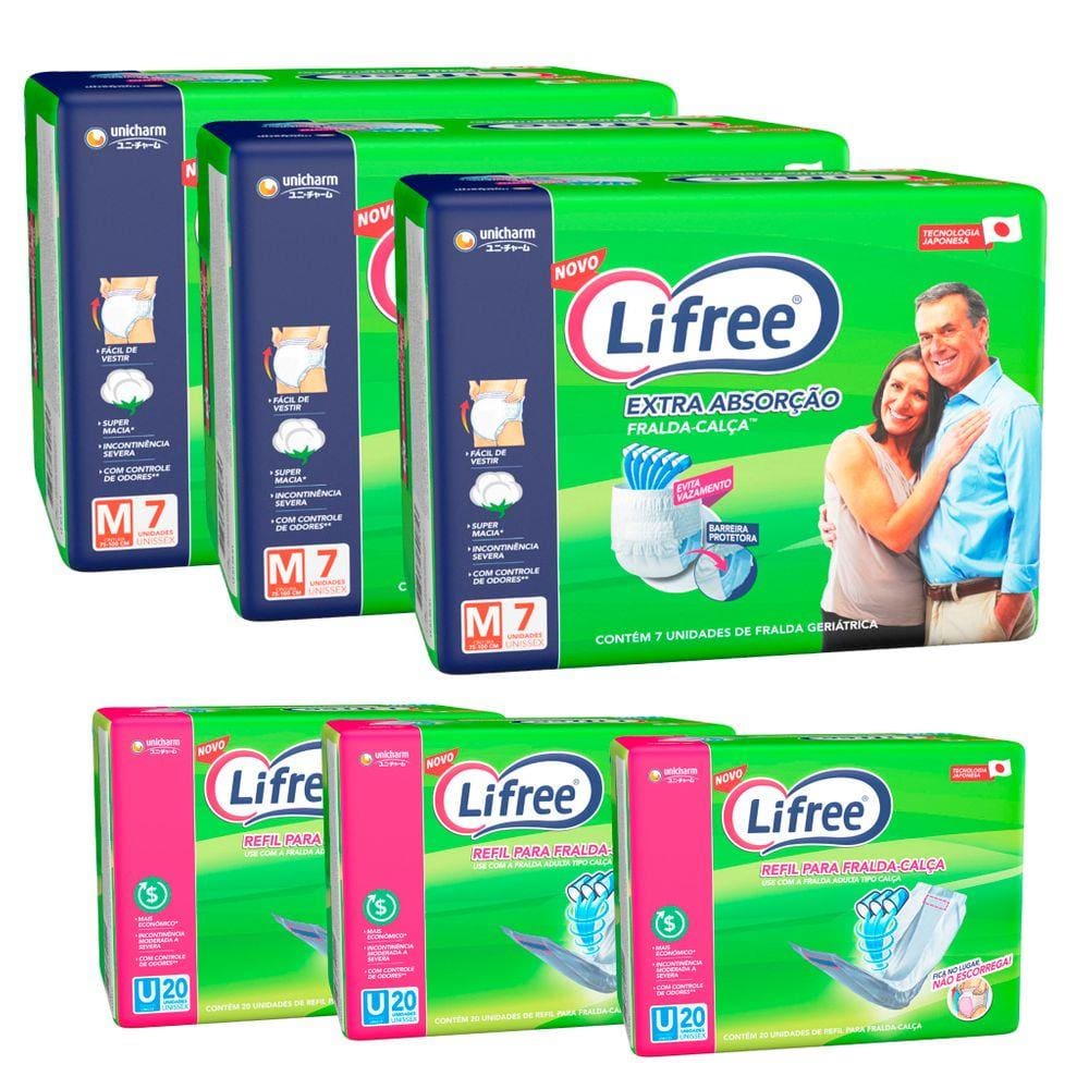 Kit 3Fraldas CalçaGeriátrica ADULTO LIFREE Extra Absorção-M-(21 unids)+Exclusivo Refil (60 unids) Tecnololgia Japonesa