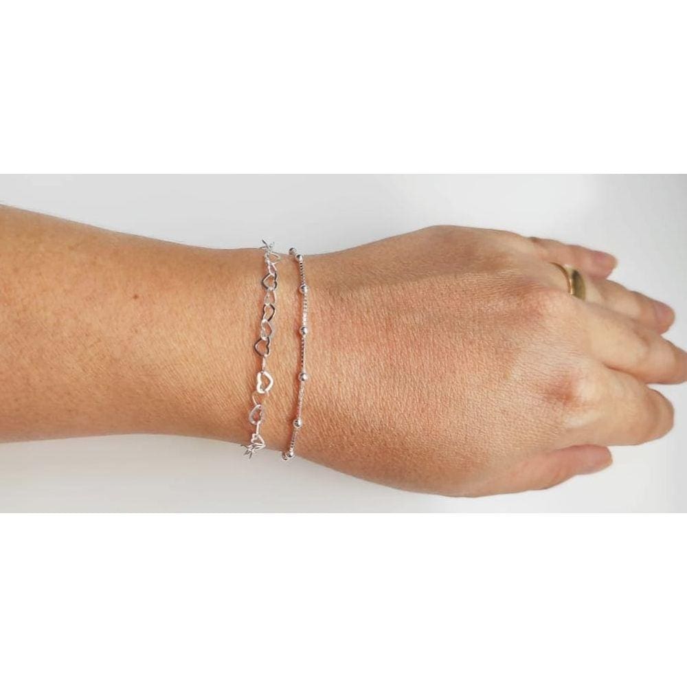 Kit 2 Pulseiras Femininas Coração e Bolinha Maciça De Prata 925