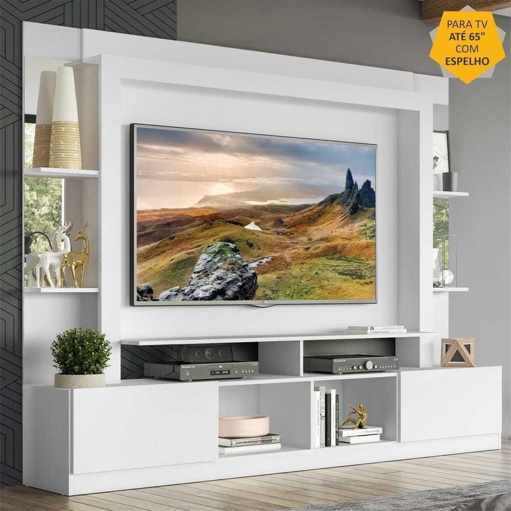 Rack c/ Painel TV 65" Prateleiras c/ Espelho Oslo Multimóveis Branco