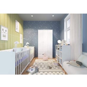 Quarto para Gêmeos com 2 Berços Mini Cama, Guarda Roupa e Organizador Soninho Espresso Móveis Branco